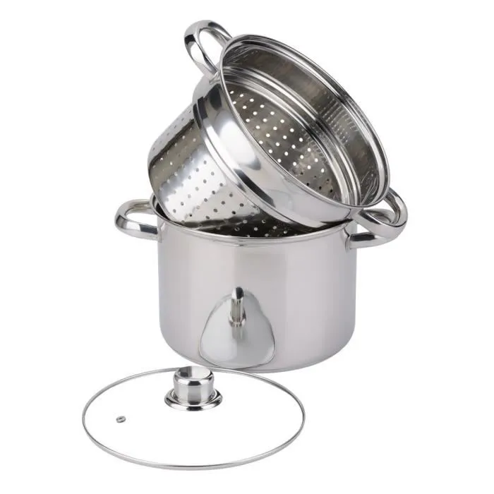 Baumalu Olla para Pasta Acero Inoxidable 20 cm con Difusor Triple Fondo y Tapa de Vidrio Apta Inducción
