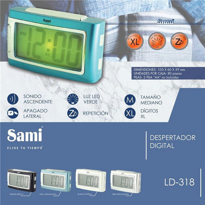 SAMI Despertador LCD Rectangular con Pantalla XL de Dígitos, Luz de Fondo Verde, Color Blanco