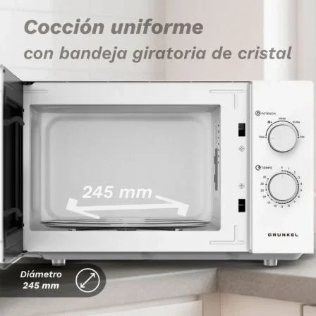 Grunkel MW-25EASY Microondas Mecánico 25L, 850W, Blanco, 5 Niveles de Potencia, Función Descongelar