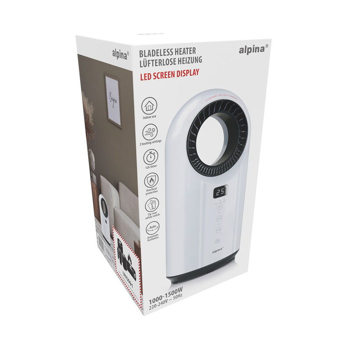 Alpina Ventilador sin Aspas con Calefactor, 2 Potencias (1000-1500W), Oscilación Automática, Control Remoto y Táctil, Temporizador 12h, 18 x 18 x *, 220-240V