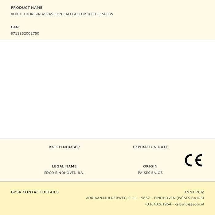 Alpina Ventilador sin Aspas con Calefactor, 2 Potencias (1000-1500W), Oscilación Automática, Control Remoto y Táctil, Temporizador 12h, 18 x 18 x *, 220-240V