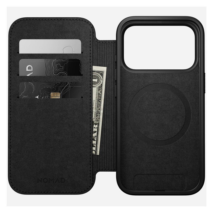 Nomad Modern Leather Folio para iPhone 17 Pro - Funda tipo libro con MagSafe, 3 bolsillos para tarjetas, Negro Nomad Modern Leather Folio para iPhone 17 Pro - Funda tipo libro con MagSafe, 3 bolsillos para tarjetas, Negro