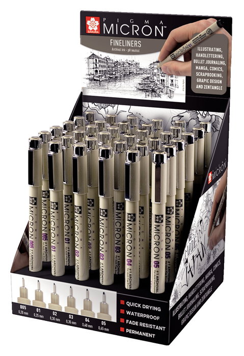 Sakura Pigma Micron Expositor de 36 Rotuladores Negros