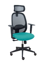 Silla de oficina Cilanco con mecanismo Sincro tapizada con Tela color Turquesa y malla color Negro. Equipada con lumbar 1D, Brazos 1D, Cabecero 2D y Ruedas de parqué