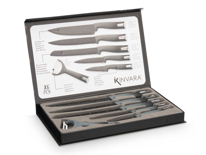 Kinvara Set 6 Pzs Cuchillos y Pelador Acero Inoxidable y Plástico Negro 36x23x3.5cm con Cuchillos 19.5cm a 32cm y Pelador 14.5cm (Set de 6)