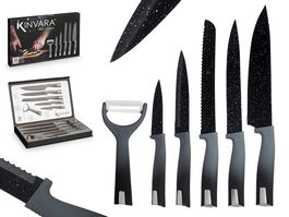 Kinvara Set 6 Pzs Cuchillos y Pelador Acero Inoxidable y Plástico Negro 36x23x3.5cm con Cuchillos 19.5cm a 32cm y Pelador 14.5cm (Set de 6)