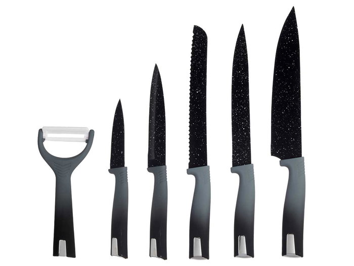 Kinvara Set 6 Pzs Cuchillos y Pelador Acero Inoxidable y Plástico Negro 36x23x3.5cm con Cuchillos 19.5cm a 32cm y Pelador 14.5cm (Set de 6)