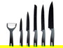 Kinvara Set 6 Pzs Cuchillos y Pelador Acero Inoxidable y Plástico Negro 36x23x3.5cm con Cuchillos 19.5cm a 32cm y Pelador 14.5cm (Set de 6)