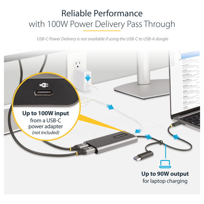 StarTech Adaptador USB-C a HDMI Doble (USB-C o A a 2x HDMI) - 4K 60Hz, 100W PD Passthrough, Cable de 30cm - DL6950