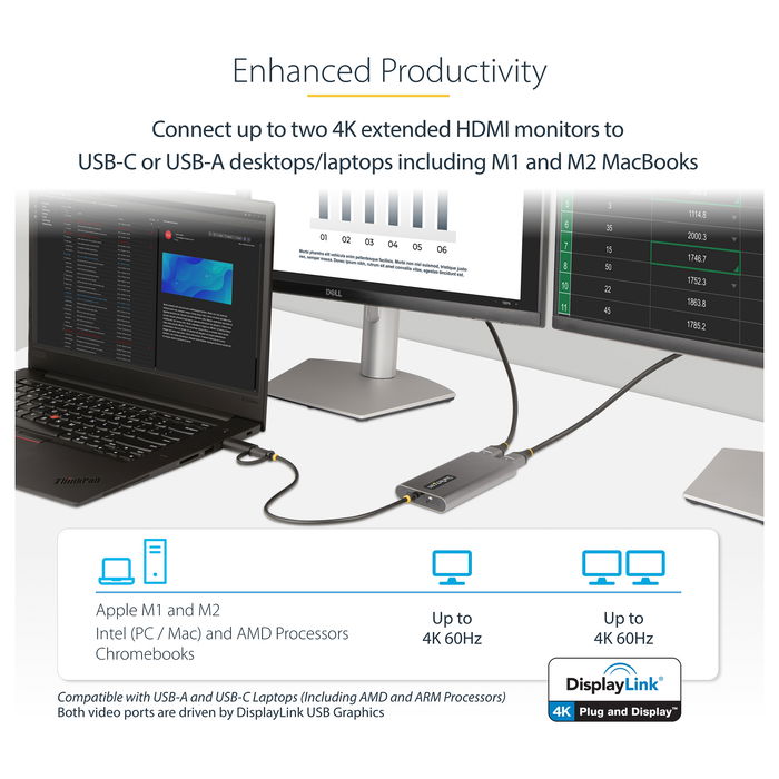 StarTech Adaptador USB-C a HDMI Doble (USB-C o A a 2x HDMI) - 4K 60Hz, 100W PD Passthrough, Cable de 30cm - DL6950