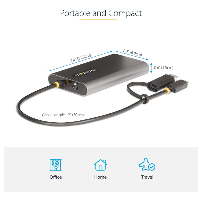StarTech Adaptador USB-C a HDMI Doble (USB-C o A a 2x HDMI) - 4K 60Hz, 100W PD Passthrough, Cable de 30cm - DL6950