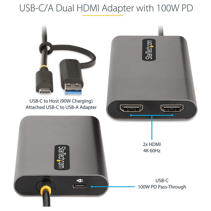StarTech Adaptador USB-C a HDMI Doble (USB-C o A a 2x HDMI) - 4K 60Hz, 100W PD Passthrough, Cable de 30cm - DL6950