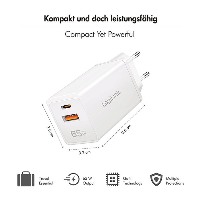 LogiLink Cargador USB-A/C 65 W GaN, 1x USB-A (QC), 1x USB-C (PD), Blanco