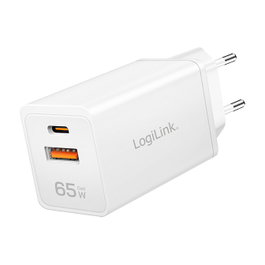 LogiLink Cargador USB-A/C 65 W GaN, 1x USB-A (QC), 1x USB-C (PD), Blanco