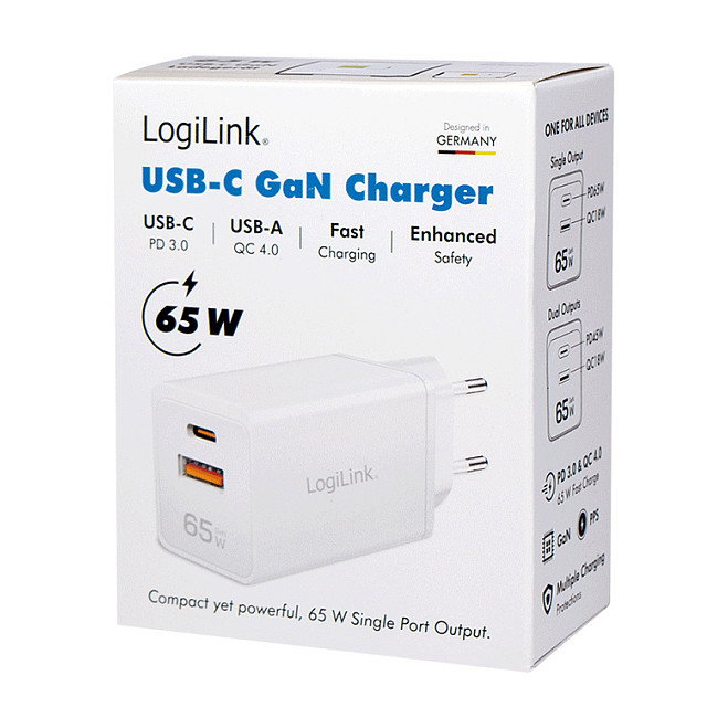 LogiLink Cargador USB-A/C 65 W GaN, 1x USB-A (QC), 1x USB-C (PD), Blanco