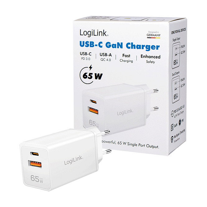 LogiLink Cargador USB-A/C 65 W GaN, 1x USB-A (QC), 1x USB-C (PD), Blanco