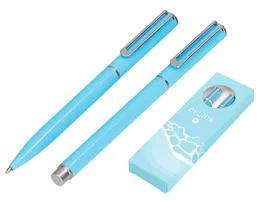 Belius Juego Boligrafo y Roller Endless Summer Aluminio Celeste y Plateado, Tinta Azul, Punta 0.8mm/0.7mm, Caja de Diseño