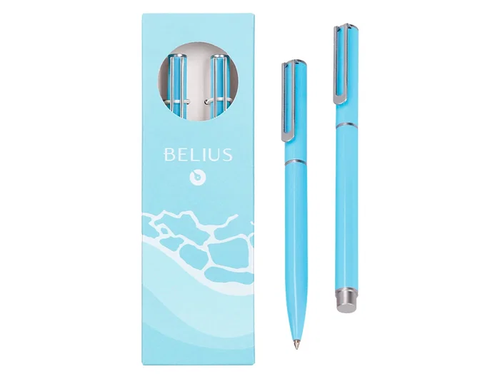 Belius Juego Boligrafo y Roller Endless Summer Aluminio Celeste y Plateado, Tinta Azul, Punta 0.8mm/0.7mm, Caja de Diseño