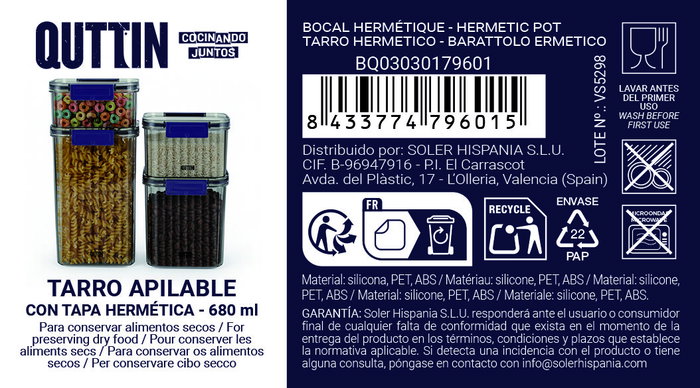 Inde Tarro PET Rectangular con Tapa Hermética de 680 ml (13.2 x 10.8 x 8.8 cm) (12 Unidades)
