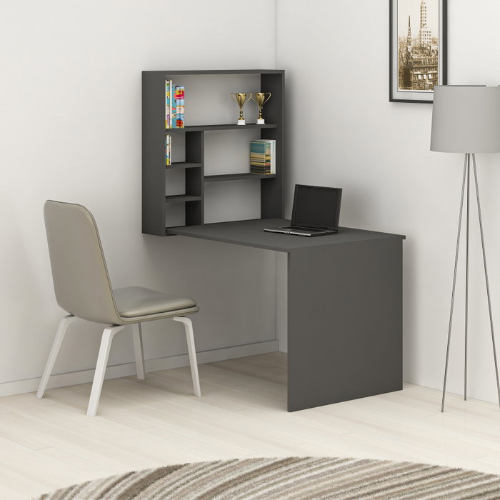 Hanah Home Mesa de Estudio Anthracite con Estantes y Fijación a Pared, Elegante Diseño Moderno Escandinavo Hanah Home Mesa de Estudio Anthracite con Estantes y Fijación a Pared, Elegante Diseño Moderno Escandinavo
