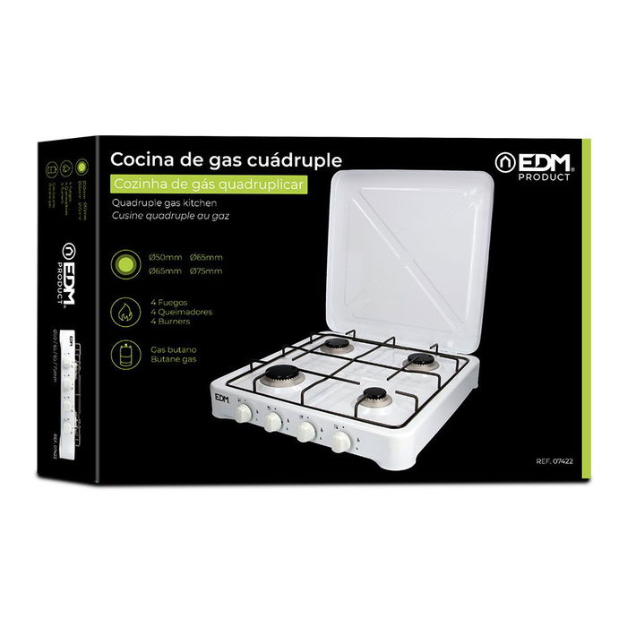 Edm Cocina de Gas Esmaltada 4 Fuegos Blanca para Gas Butano Exterior 57 x 52 x 7,5 cm Edm Cocina de Gas Esmaltada 4 Fuegos Blanca para Gas Butano Exterior 57 x 52 x 7,5 cm