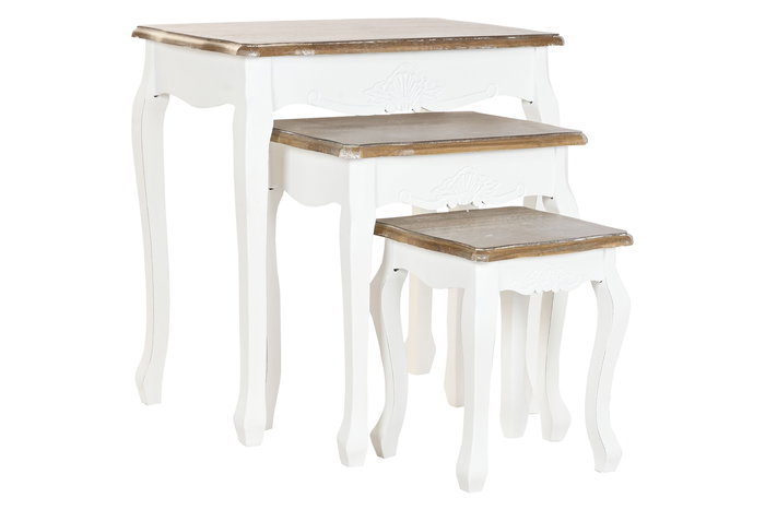 DKD Home Decor Mesita Auxiliar Tradicional Versalles3 Blanco Natural Madera Abeto 40 x 61 x 60 cm Set de 3