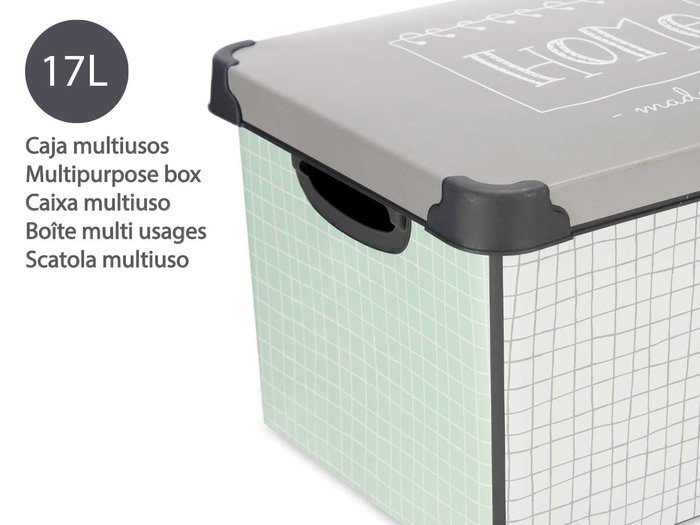 Kipit Caja Plástico 17L Home Con Asa 28x37x22 cm Estampado Blanco Verde Gris (Set de 12)