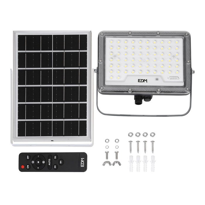 EDM Foco Proyector LED Solar Slim 50W 600lm, Sensor Crepuscular y Mando a Distancia, IP65, Luz Fría 6500K