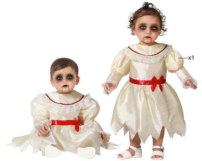 Disfraz Muñeca de Porcelana Halloween para Bebé 24 Meses - Vestido Clásico Blanco con Lazo Rojo y Encaje