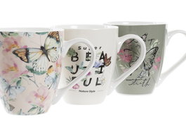 DKD Home Decor Greature 3 Mug Shabby Rosa Beige Porcelana New Bone 550ml (12 Unidades) 14.5 x 11.3 x 14.5 cm