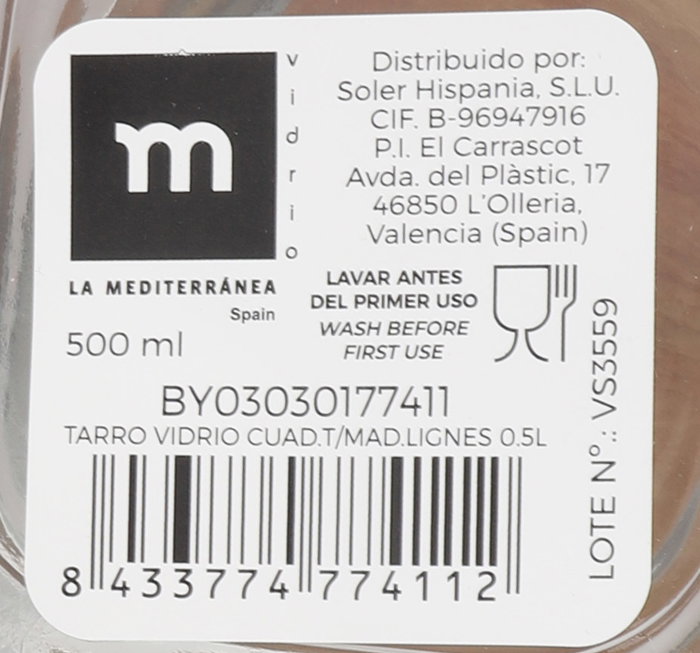 La Mediterranea Tarro de Vidrio Cuadrado con Tapa de Madera Lignes 0.5L (Pack de 24) SKU: B1K2P4EXDX