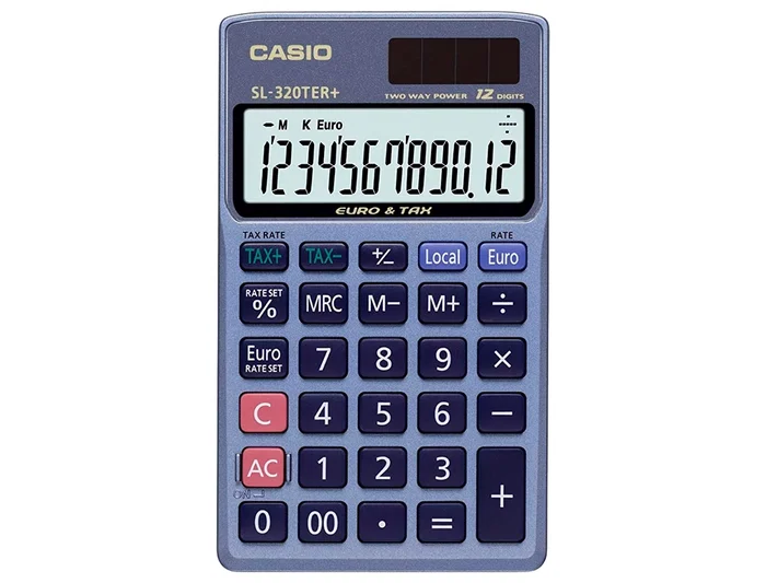 Casio SL-320TER Calculadora de Bolsillo 12 Dígitos Tax +/- Conversión Moneda Doble Cero Color Azul