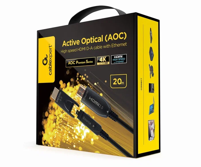 Gembird CCBP-HDMID-AOC-20M Cable HDMI AOC Premium Series 20 m HDMI 2.0 4K UHD 60Hz Ethernet con Fibra Óptica, Conectores Dorados, Nylon, Negro
