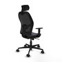 Silla de oficina Jorquera con mecanismo Sincro tapizada con Tela color Gris oscuro y malla color Negro. Equipada con lumbar 1D, Brazos 1D, Cabecero 2D y Ruedas 65mm nailon