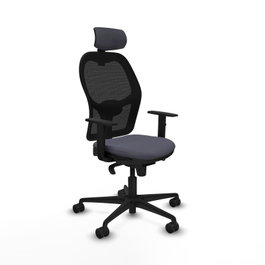 Silla de oficina Jorquera con mecanismo Sincro tapizada con Tela color Gris oscuro y malla color Negro. Equipada con lumbar 1D, Brazos 1D, Cabecero 2D y Ruedas 65mm nailon