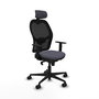 Silla de oficina Jorquera con mecanismo Sincro tapizada con Tela color Gris oscuro y malla color Negro. Equipada con lumbar 1D, Brazos 1D, Cabecero 2D y Ruedas 65mm nailon