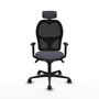 Silla de oficina Jorquera con mecanismo Sincro tapizada con Tela color Gris oscuro y malla color Negro. Equipada con lumbar 1D, Brazos 1D, Cabecero 2D y Ruedas 65mm nailon