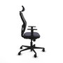Silla de oficina Jorquera con mecanismo Sincro tapizada con Tela color Gris oscuro y malla color Negro. Equipada con lumbar 1D, Brazos 1D, Cabecero 2D y Ruedas 65mm nailon