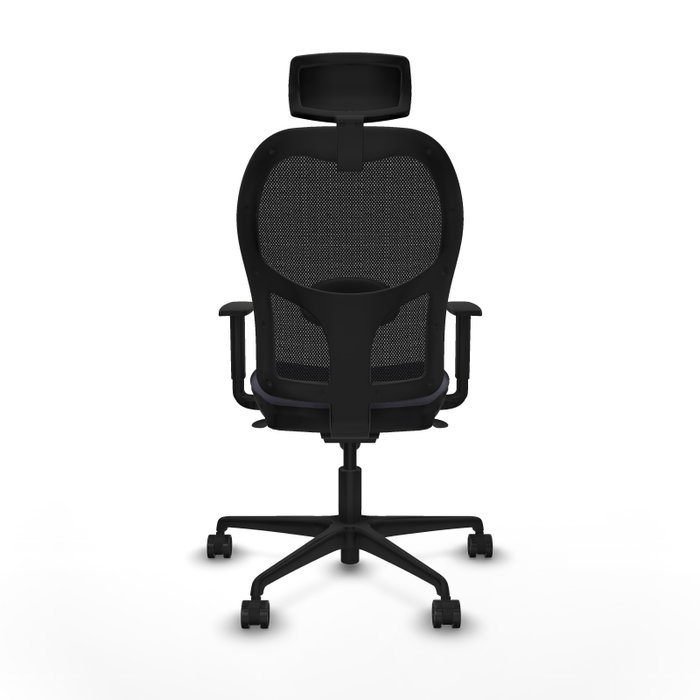 Silla de oficina Jorquera con mecanismo Sincro tapizada con Tela color Gris oscuro y malla color Negro. Equipada con lumbar 1D, Brazos 1D, Cabecero 2D y Ruedas 65mm nailon