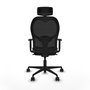 Silla de oficina Jorquera con mecanismo Sincro tapizada con Tela color Gris oscuro y malla color Negro. Equipada con lumbar 1D, Brazos 1D, Cabecero 2D y Ruedas 65mm nailon