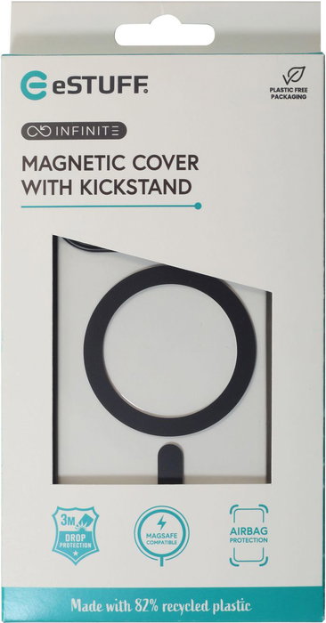 eSTUFF INFINITE HELSINKI Funda Magnética Compatible con MagSafe para iPhone 16 Plus con Soporte - Negra - 86% Plástico Reciclado - Protección contra Caídas