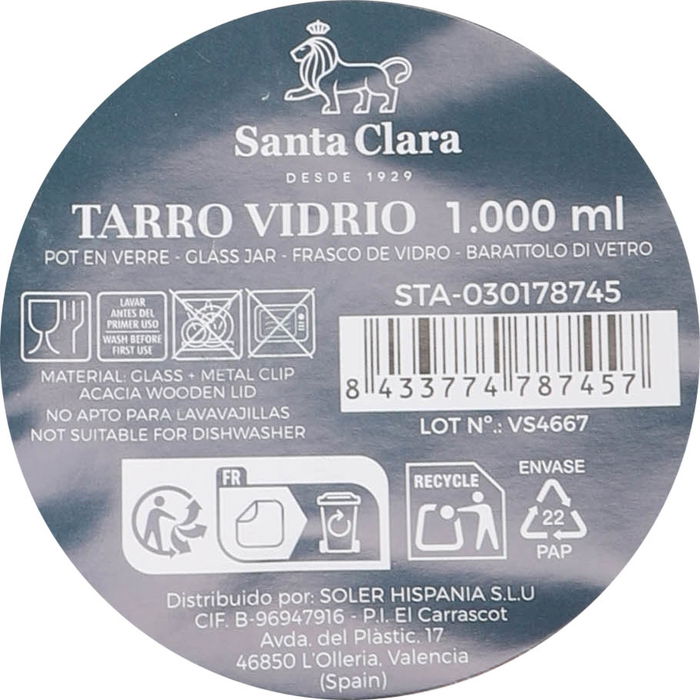 Inde Tarro de Vidrio con Tapa de Acacia 1000 ml para Almacenamiento, 20 cm de Alto, Capacidad 1 Litro (12 Unidades)