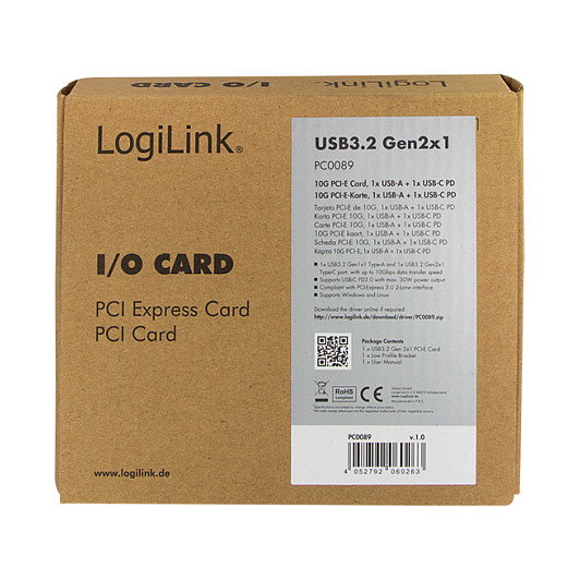 LogiLink Tarjeta PCI-Express con USB 3.2 Gen2, USB-A y USB-C (PD)