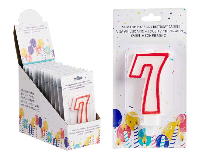 Arte Regal Vela Cumpleaños Número 7 Blanca con Borde Rojo 4.2 x 8.2 x 1 cm (Set de 72)