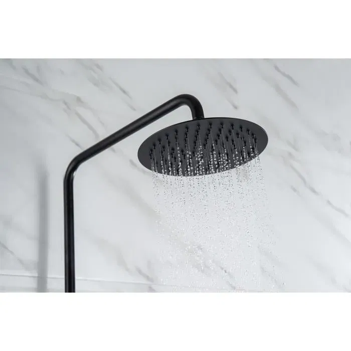 Oceanic Columna de ducha Mezclador termostático Cabezal redondo ø 20 cm Negro mate Ducha de mano 3 chorros Altura regulable Acero Inoxidable