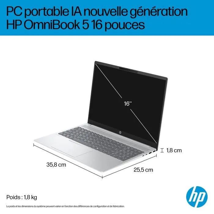 HP Omnibook 5 16-bc1001nf Portátil - Windows 11 - Pantalla 16" 2K IPS - AMD Ryzen 7 8840U - 16 GB RAM - 512 GB SSD - Teclado AZERTY