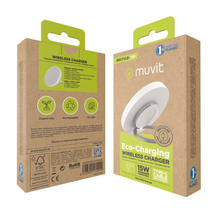 Muvit Cargador Inalámbrico MCWIR0013 15W con USB-C y Cable USB-C