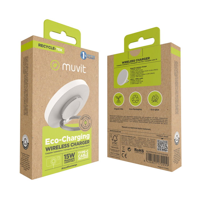 Muvit Cargador Inalámbrico MCWIR0013 15W con USB-C y Cable USB-C