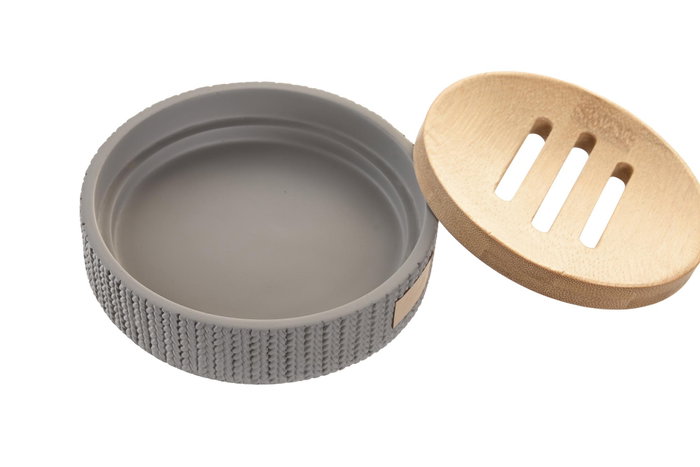 DKD Home Decor Jabonera de Cemento y Bambú Gris 11x11x2,5 cm