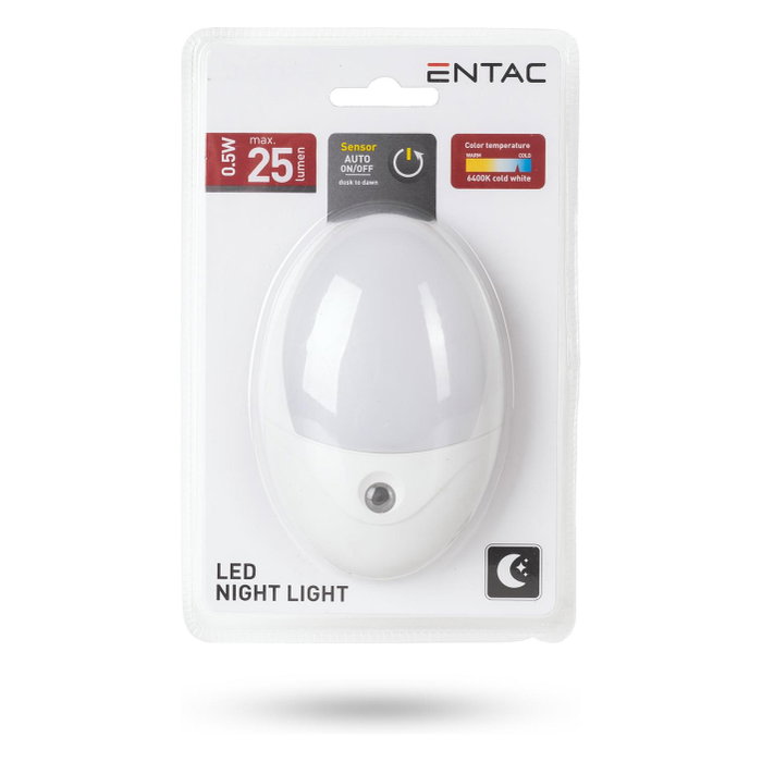 ENTAC Luz de noche LED Oval Blanco 0,5W con sensor de luz